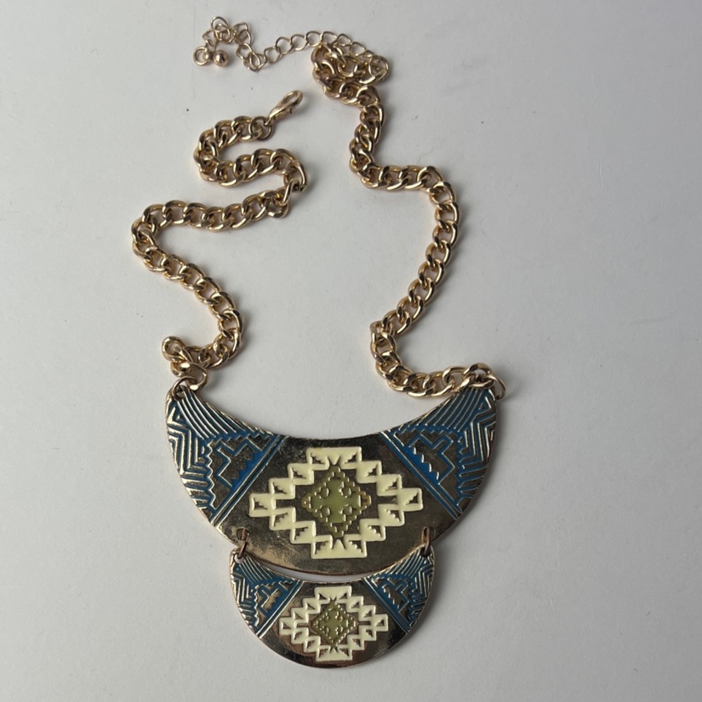 Gold and Blue Geometric Tribal Style Bib Necklace